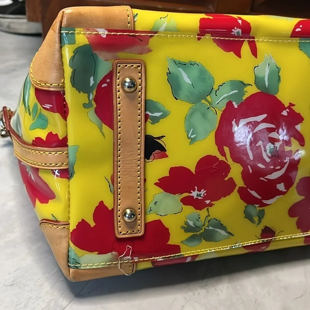 Dooney Bourke Satchel Crossbody shoulder Bag vinyl coated floral/leather EUC